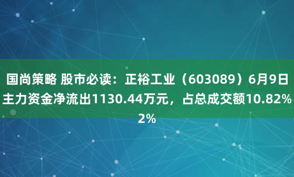 国尚策略 股市必读：正裕工业（603089）6月9日主力资金净流出1130.44万元，占总成交额10.82%